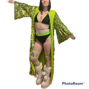 Lime Neon Green Shimmer Sequin/Scale Rave Coat Duster NWT